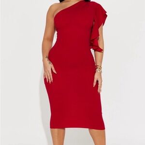 Fashion Nova One-Shoulder Red Ruffle Sleeve Midi Dress